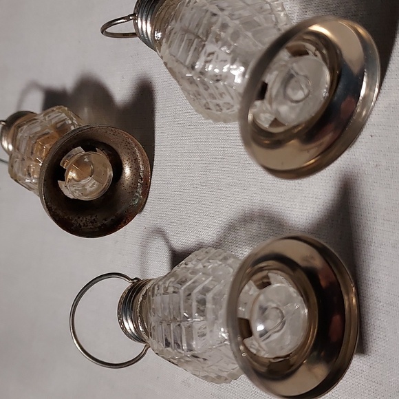 Vintage Pressed Glass Lantern Style Salt & Pepper Shakers Set of Three Metal Lid - Picture 6 of 7